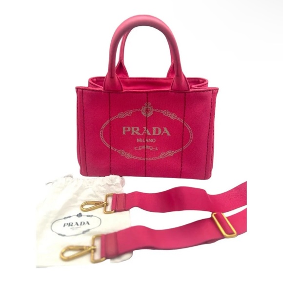 Prada Handbags - Prada Small Pink Canapa Two Way Tote Peony Pink - Authetic